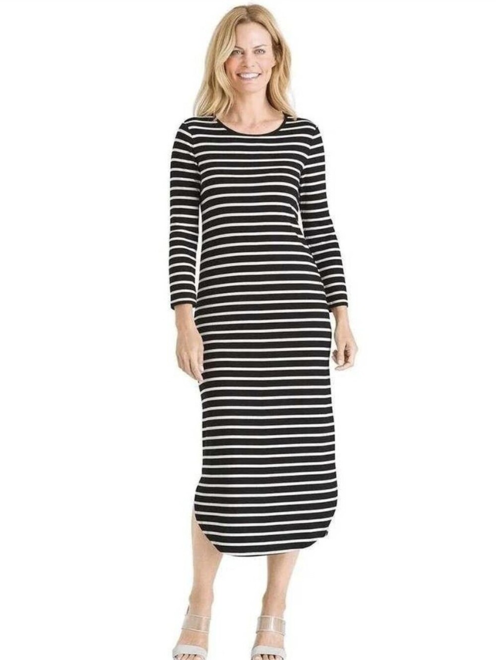 Chico's Womens Midi Dress Striped Shirttail Hem Quiet Luxury French Girl sz 3 18